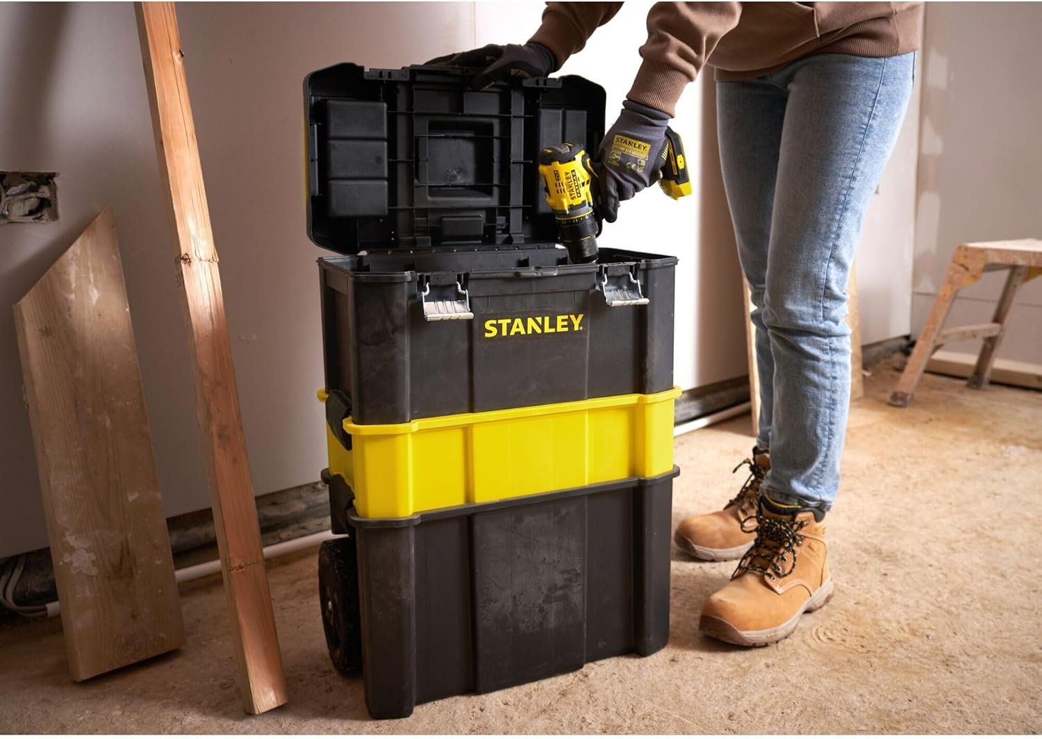 STANLEY Essential Rolling Workshop Toolbox, 3 Tier Stackable Units